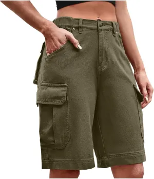 Cargo Shorts for Women Trendy Elastic High Waisted Knee Length Shorts Loose Casual Outdoor Summer Shorts with Pockets