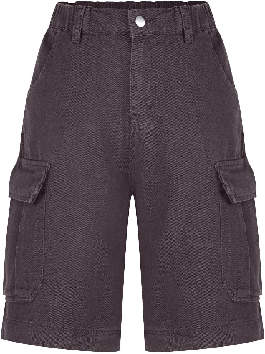 Cargo Shorts for Women Trendy Elastic High Waisted Knee Length Shorts Loose Casual Outdoor Summer Shorts with Pockets