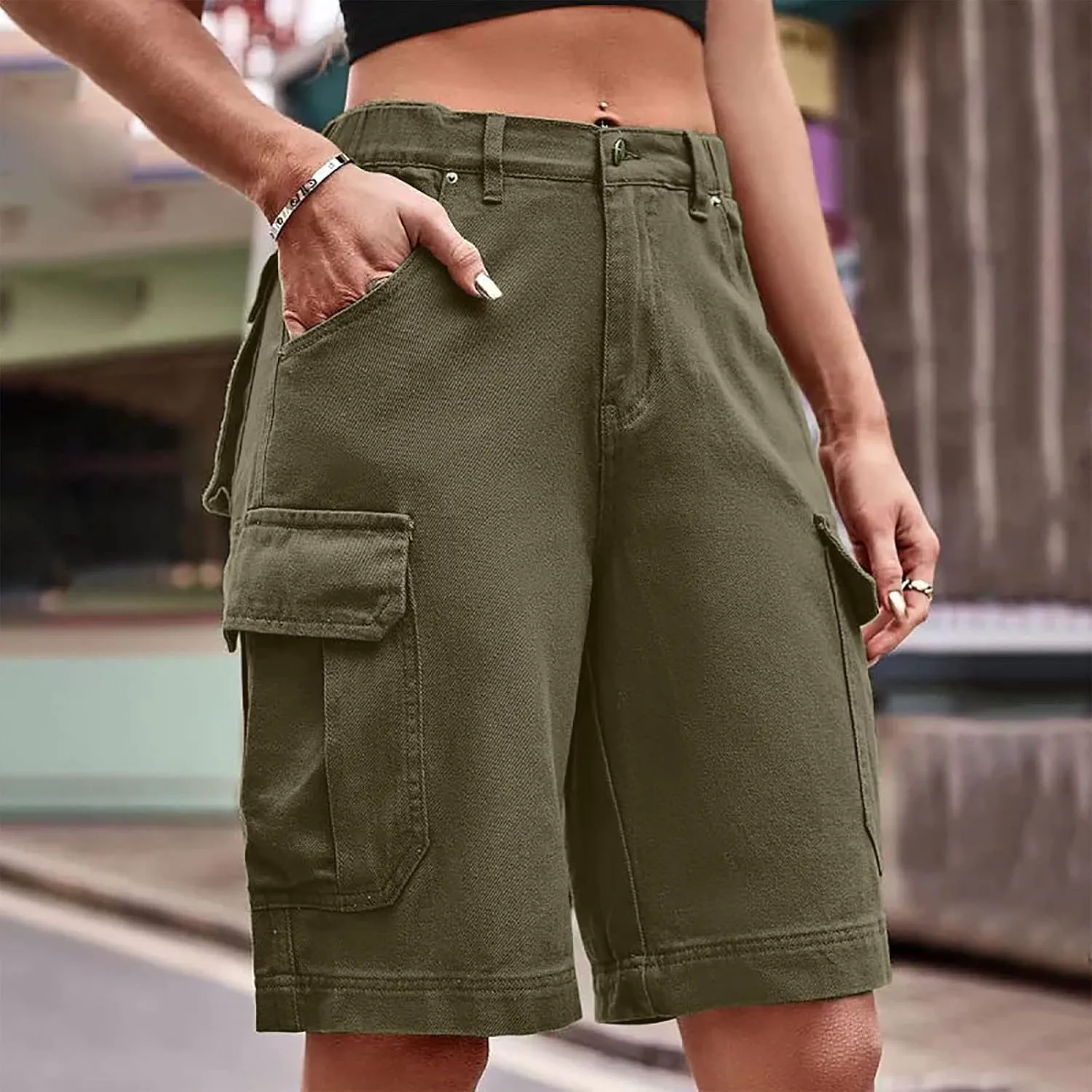 Cargo Shorts for Women Trendy Elastic High Waisted Knee Length Shorts Loose Casual Outdoor Summer Shorts with Pockets