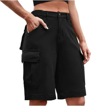 Cargo Shorts for Women Trendy Elastic High Waisted Knee Length Shorts Loose Casual Outdoor Summer Shorts with Pockets