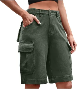 Cargo Shorts for Women Trendy Elastic High Waisted Knee Length Shorts Loose Casual Outdoor Summer Shorts with Pockets