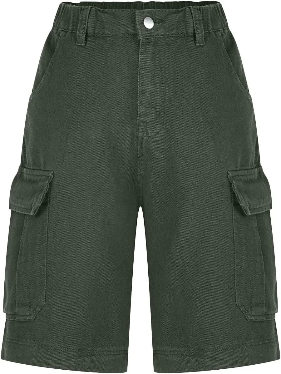 Cargo Shorts for Women Trendy Elastic High Waisted Knee Length Shorts Loose Casual Outdoor Summer Shorts with Pockets