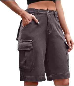 Cargo Shorts for Women Trendy Elastic High Waisted Knee Length Shorts Loose Casual Outdoor Summer Shorts with Pockets