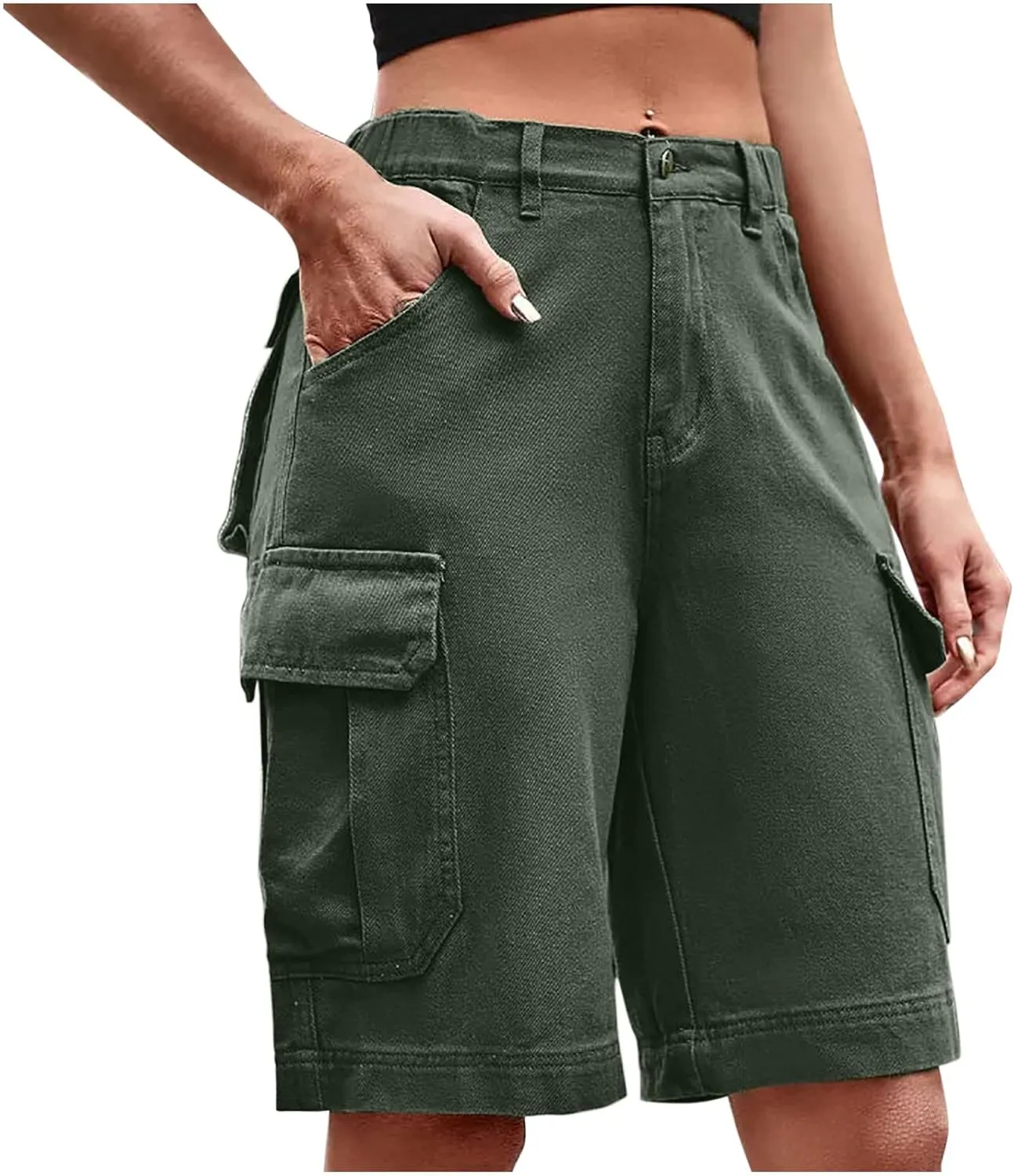 Cargo Shorts for Women Trendy Elastic High Waisted Knee Length Shorts Loose Casual Outdoor Summer Shorts with Pockets