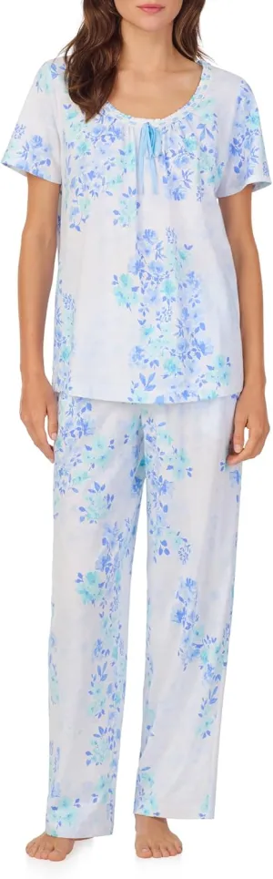 Carole Hochman Pajama Sets for Women 2 Piece Cotton Knit Lightweight Short Sleeve Long PJ Pant Lounge Set, Blue Watercolor Floral, Small Petite