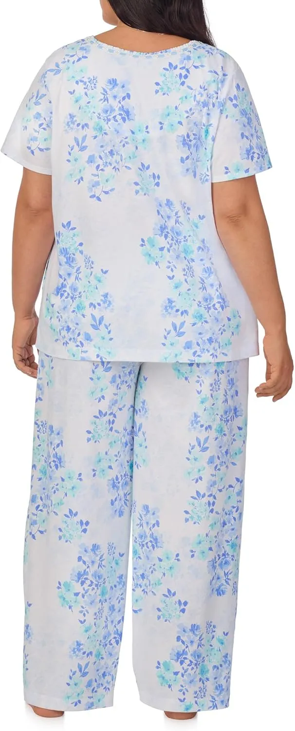 Carole Hochman Pajama Sets for Women 2 Piece Cotton Knit Lightweight Short Sleeve Long PJ Pant Lounge Set