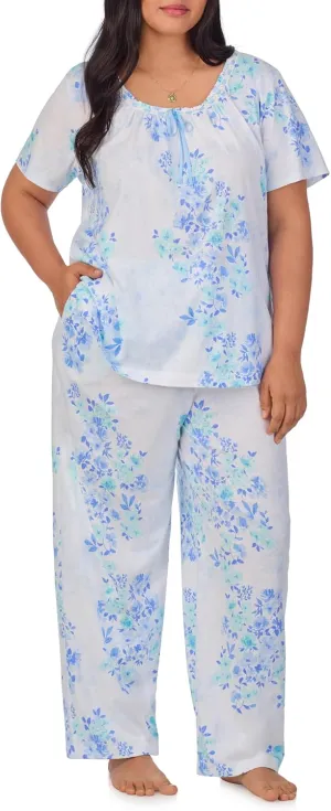 Carole Hochman Pajama Sets for Women 2 Piece Cotton Knit Lightweight Short Sleeve Long PJ Pant Lounge Set