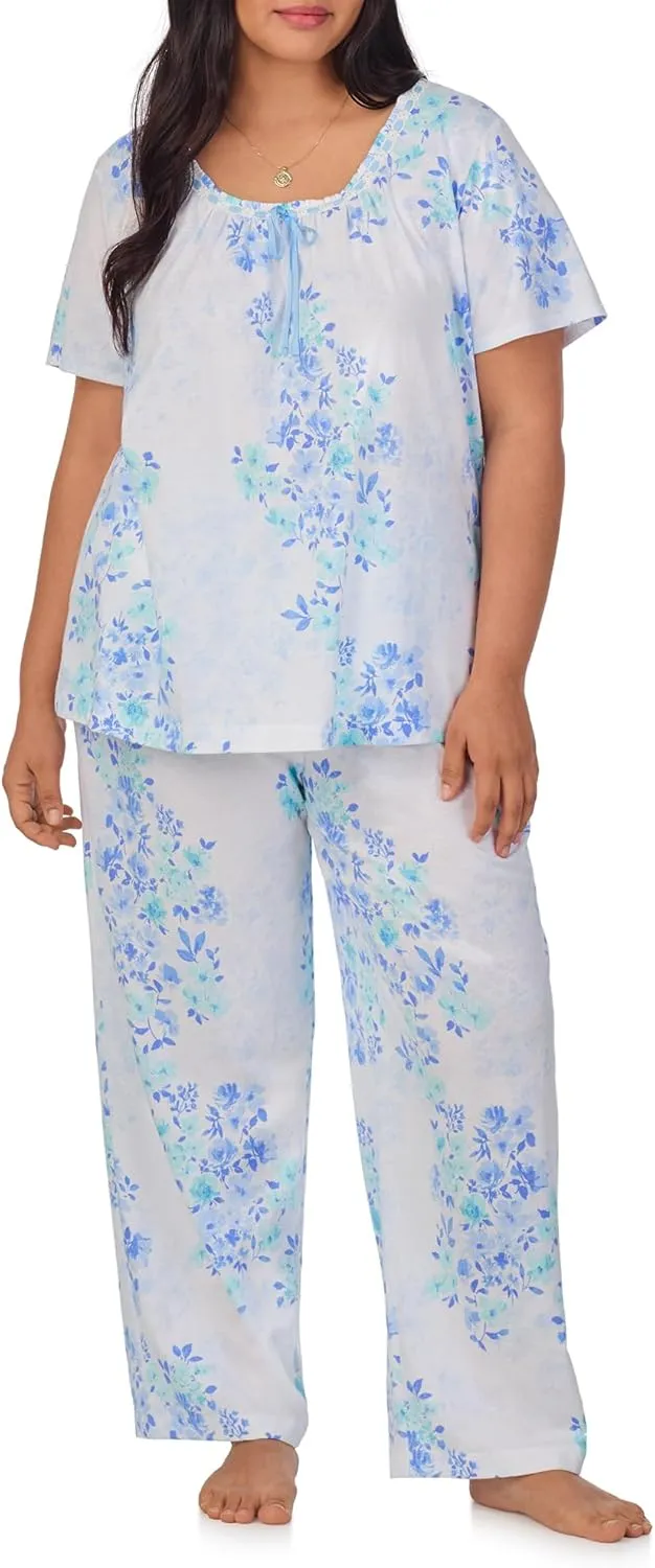 Carole Hochman Pajama Sets for Women 2 Piece Cotton Knit Lightweight Short Sleeve Long PJ Pant Lounge Set