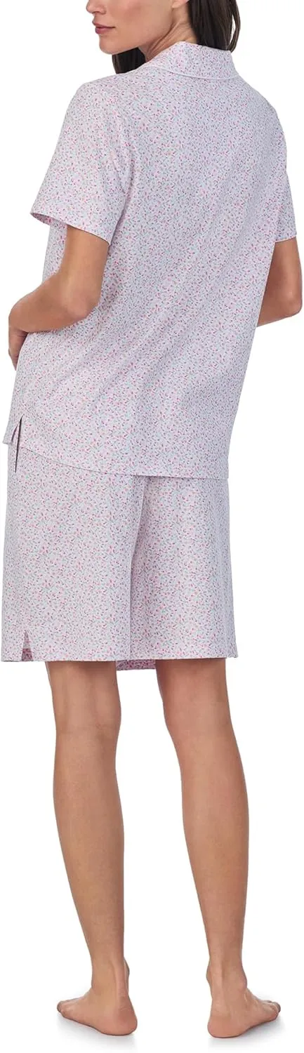 Carole Hochman Pajama Sets for Women 2 Piece Cotton Knit Short Sleeve Button Down Bermuda Short PJ Set