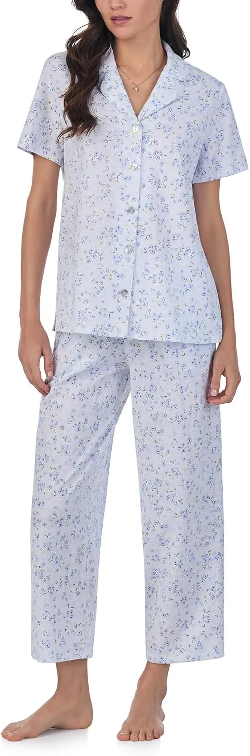 Carole Hochman Pajama Sets for Women 2 Piece Cotton Knit Short Sleeve Button Down Capri Pant PJ Set