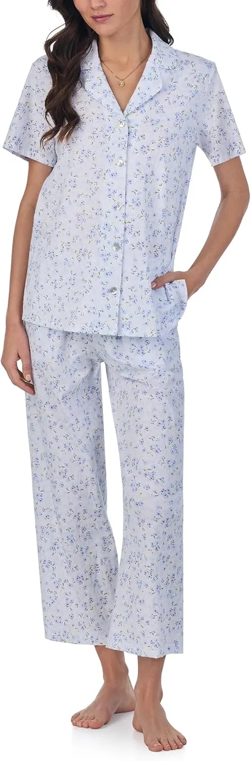 Carole Hochman Pajama Sets for Women 2 Piece Cotton Knit Short Sleeve Button Down Capri Pant PJ Set