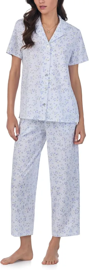 Carole Hochman Pajama Sets for Women 2 Piece Cotton Knit Short Sleeve Button Down Capri Pant PJ Set