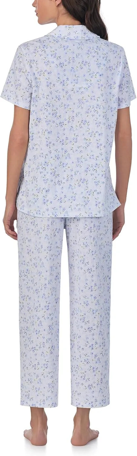Carole Hochman Pajama Sets for Women 2 Piece Cotton Knit Short Sleeve Button Down Capri Pant PJ Set