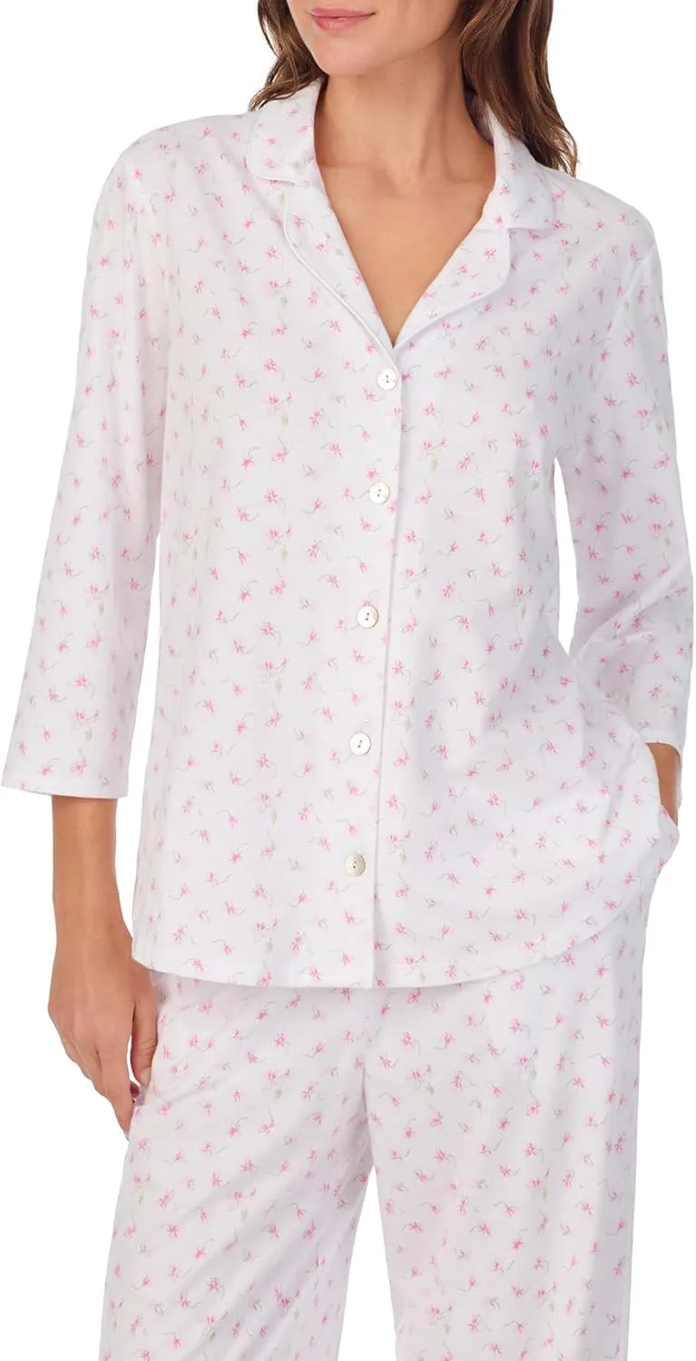 Carole Hochman Pajamas for Women 2 Piece Set - Cotton Knit 3/4 Sleeve Notch Collar Button Down Long PJ Pant Lounge Set