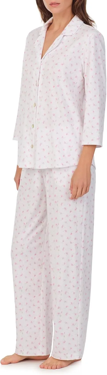 Carole Hochman Pajamas for Women 2 Piece Set - Cotton Knit 3/4 Sleeve Notch Collar Button Down Long PJ Pant Lounge Set