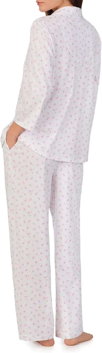 Carole Hochman Pajamas for Women 2 Piece Set - Cotton Knit 3/4 Sleeve Notch Collar Button Down Long PJ Pant Lounge Set