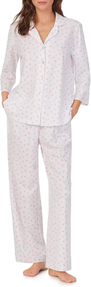 Carole Hochman Pajamas for Women 2 Piece Set - Cotton Knit 3/4 Sleeve Notch Collar Button Down Long PJ Pant Lounge Set