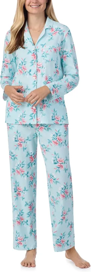 Carole Hochman Women's 2-Piece Cotton Pajama Set – Long Sleeve Notch Collar Top & Pant with Adjustable Waist, Pockets, Blue Blooming Lily, Small