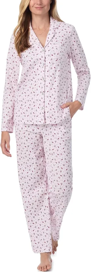 Carole Hochman Women's 2-Piece Cotton Pajama Set – Long Sleeve Notch Collar Top & Pant with Adjustable Waist, Pockets, Cardinal & Rose, Small