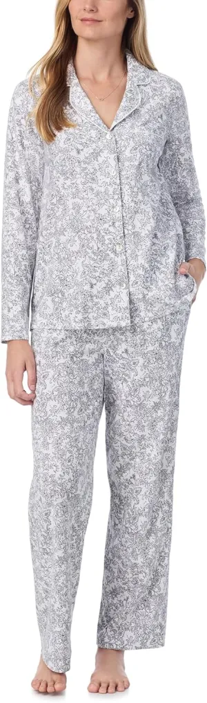 Carole Hochman Women's 2-Piece Cotton Pajama Set – Long Sleeve Notch Collar Top & Pant with Adjustable Waist, Pockets, Grey Paisley, X-Small