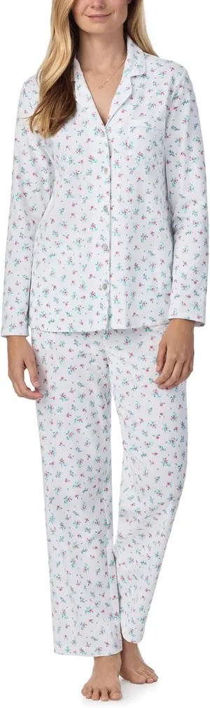 Carole Hochman Women's 2-Piece Cotton Pajama Set – Long Sleeve Notch Collar Top & Pant with Adjustable Waist, Pockets, White Mini Lily, Small