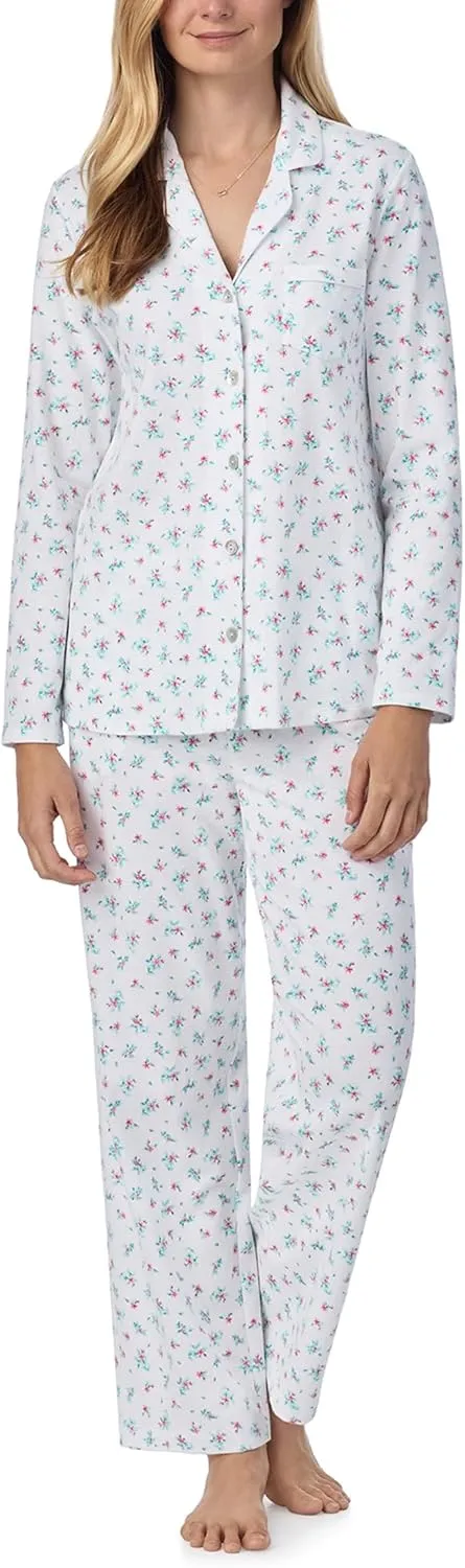 Carole Hochman Women's 2-Piece Cotton Pajama Set – Long Sleeve Notch Collar Top & Pant with Adjustable Waist, Pockets, White Mini Lily, X-Large
