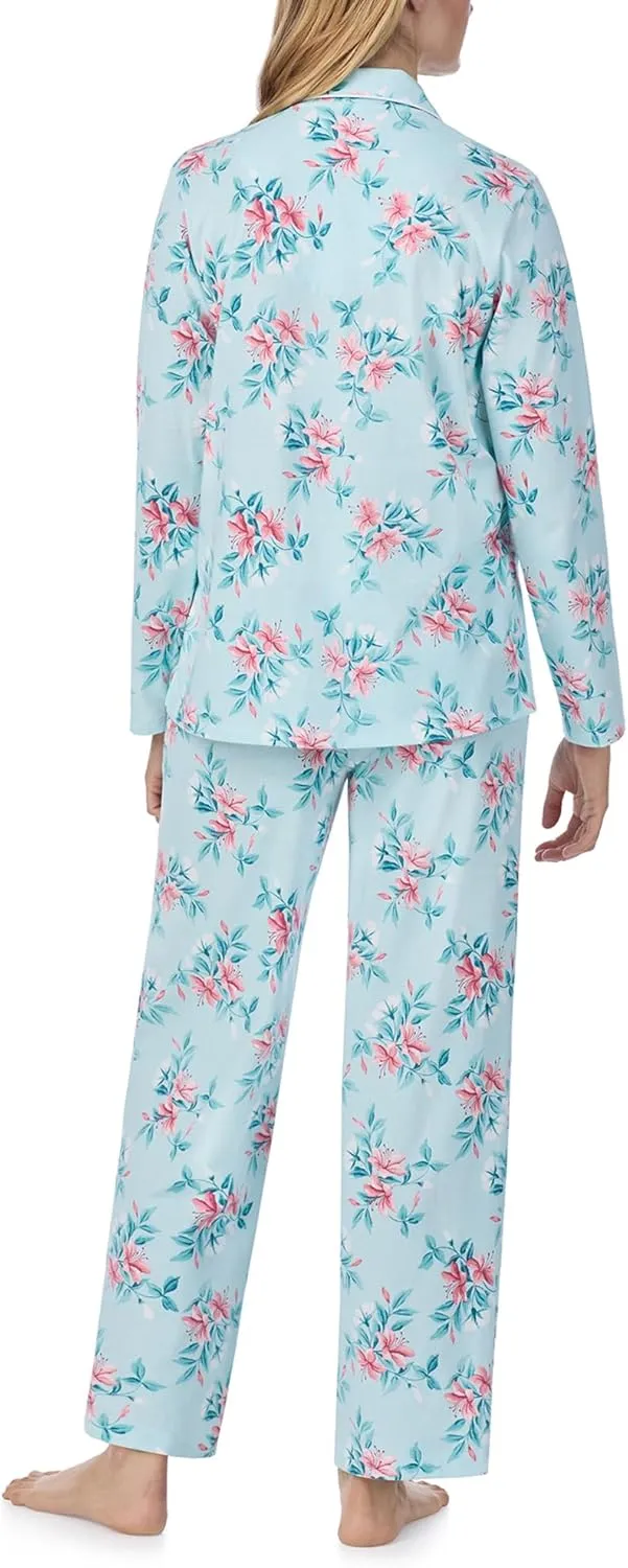 Carole Hochman Women's 2-Piece Cotton Pajama Set – Long Sleeve Notch Collar Top & Pant with Adjustable Waist, Pockets