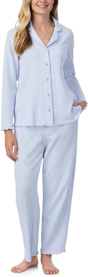 Carole Hochman Women's 2-Piece Cotton Pointelle Pajama Set, Long Sleeve Top & Pant Bottom with Adjustable Waist, Sweet Blue, Small