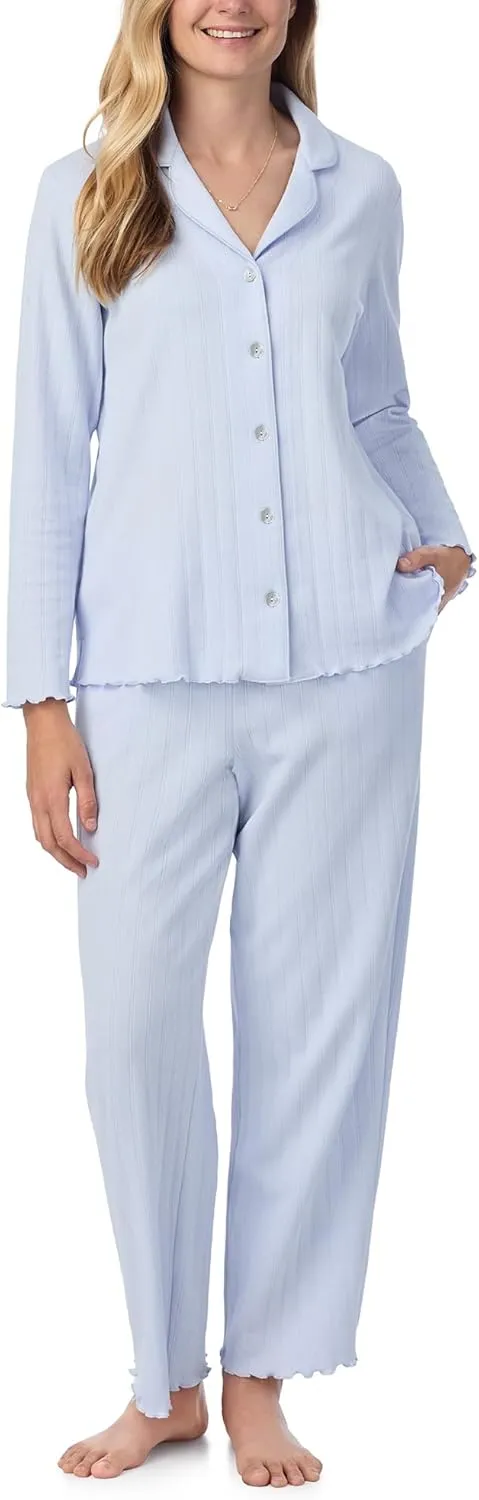 Carole Hochman Women's 2-Piece Cotton Pointelle Pajama Set, Long Sleeve Top & Pant Bottom with Adjustable Waist, Sweet Blue, Small