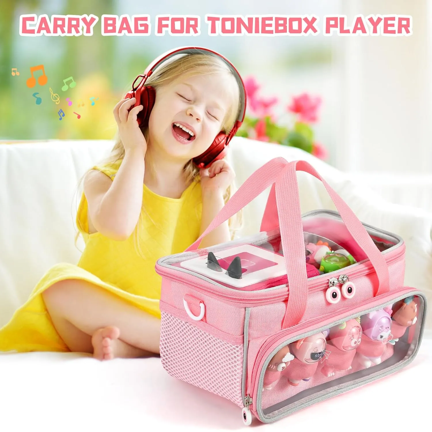 Carrying Case for Toniebox Starter Set and Figurines, Storage Carrier Bag for Tonie Characters with Shoulder Strap and Handle, Home Outdoor Hand Bag for Audio Player and Dolls (Pink)