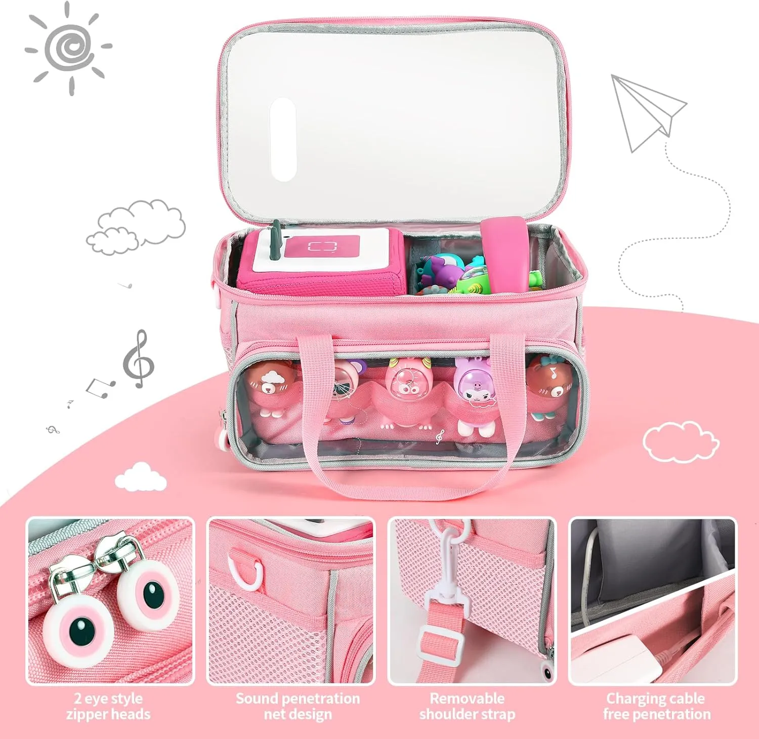 Carrying Case for Toniebox Starter Set and Figurines, Storage Carrier Bag for Tonie Characters with Shoulder Strap and Handle, Home Outdoor Hand Bag for Audio Player and Dolls (Pink)