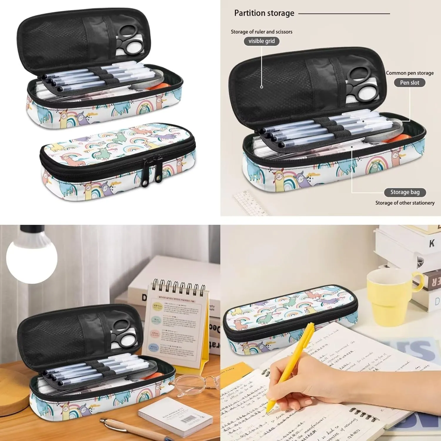 Cartoon Print Kids Backpacks for Girls, Lunch Box Pencil Bag 17-inch, Alpaca Rainbow Bookbags Middle School Backpack Breathable Set of 3