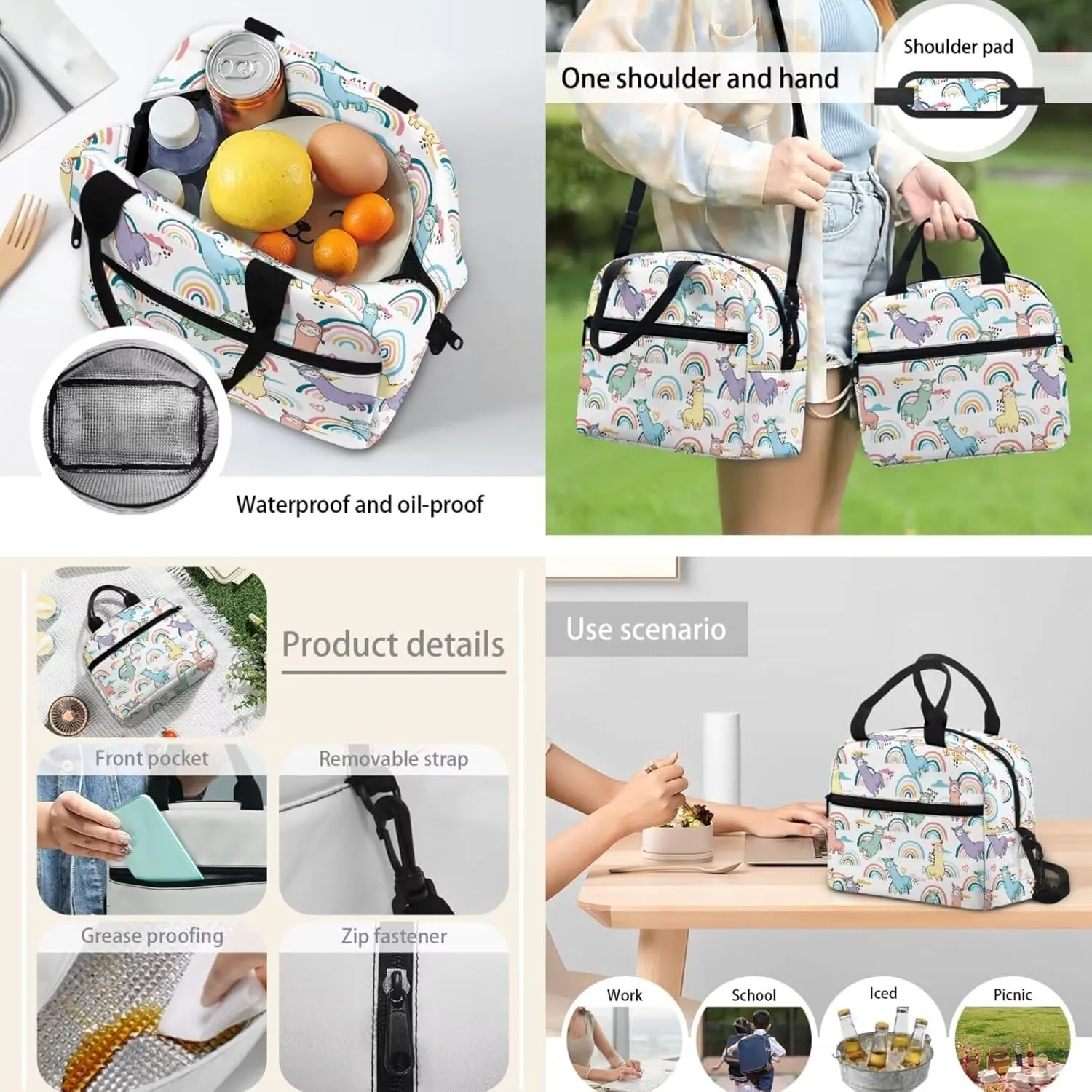 Cartoon Print Kids Backpacks for Girls, Lunch Box Pencil Bag 17-inch, Alpaca Rainbow Bookbags Middle School Backpack Breathable Set of 3
