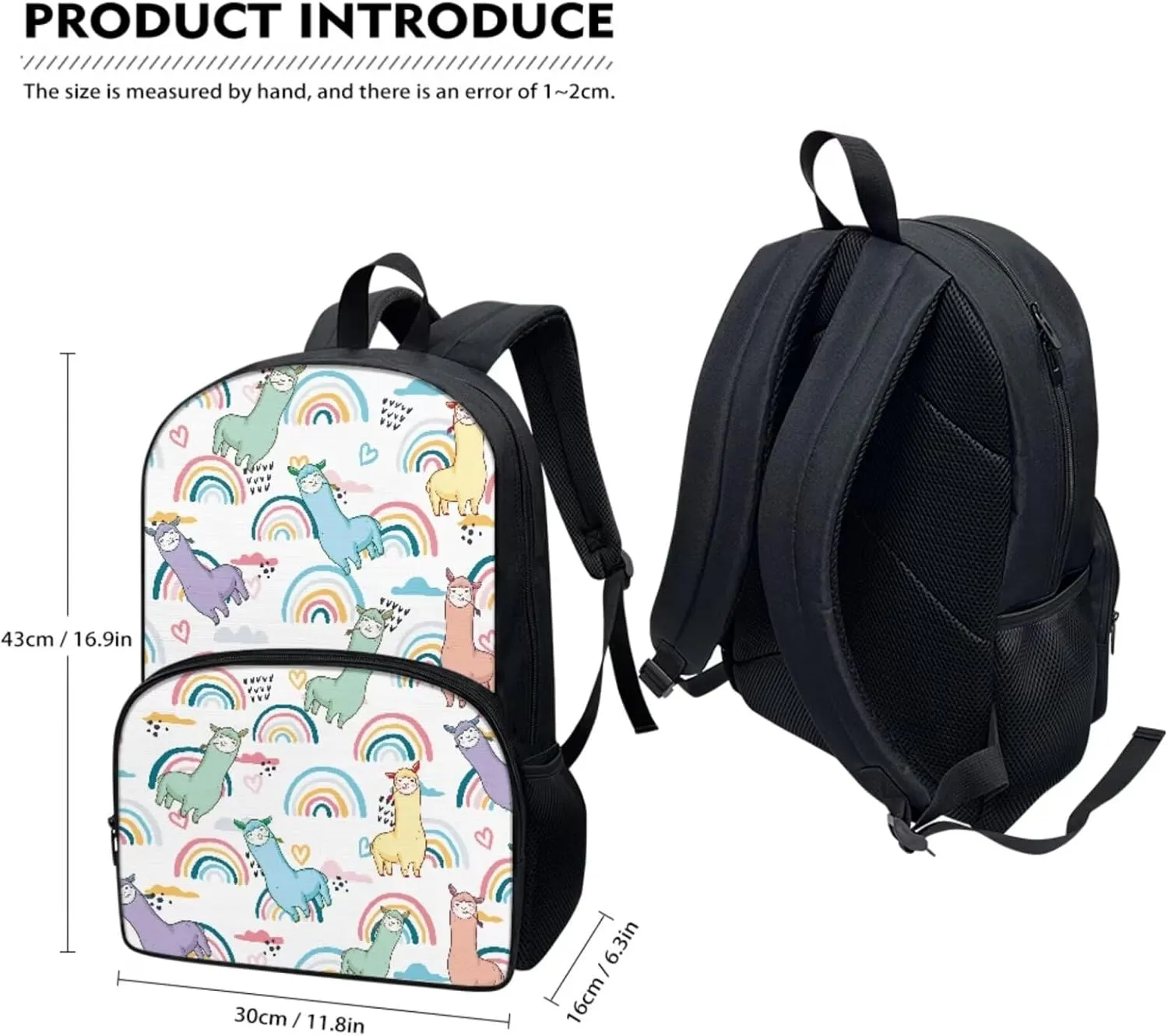 Cartoon Print Kids Backpacks for Girls, Lunch Box Pencil Bag 17-inch, Alpaca Rainbow Bookbags Middle School Backpack Breathable Set of 3
