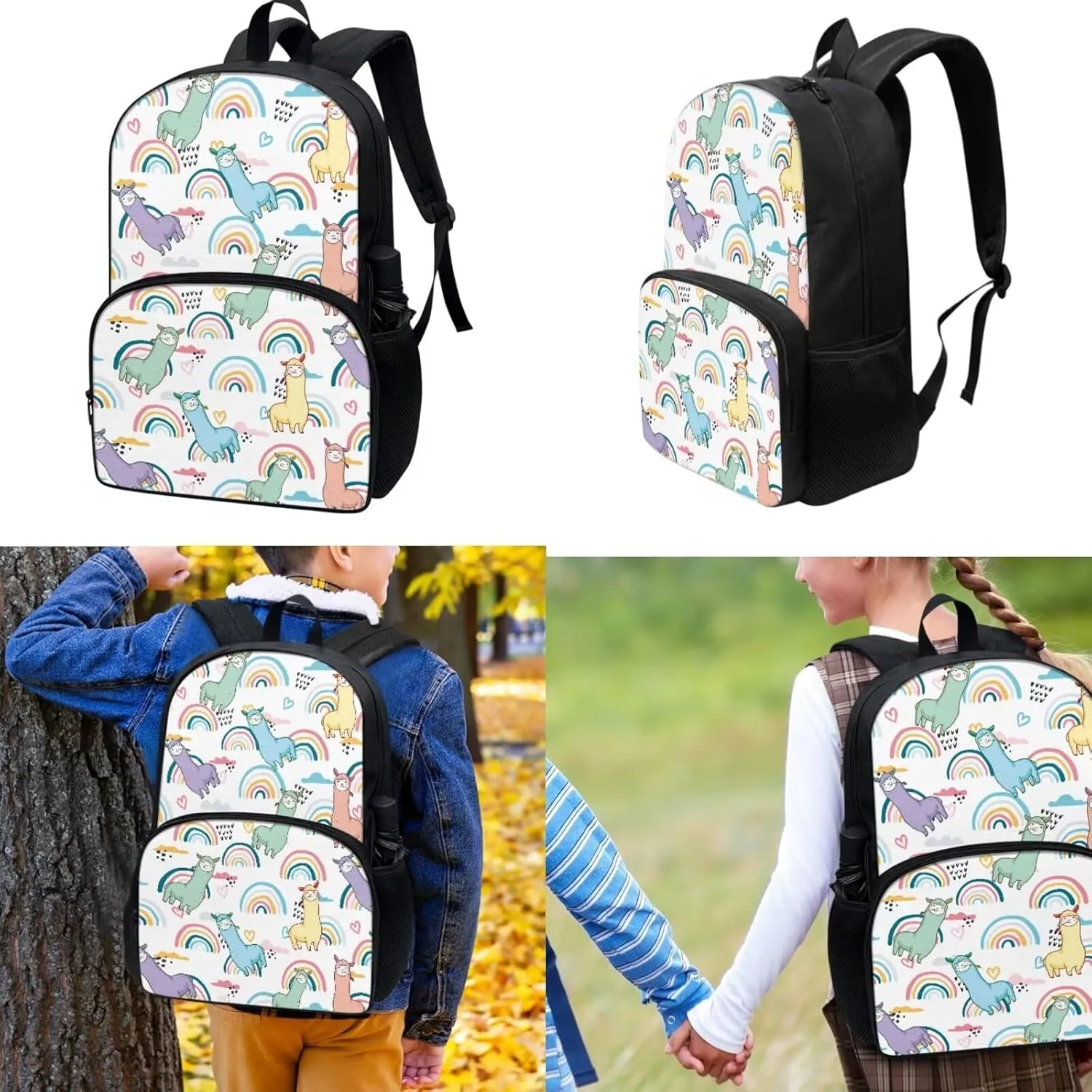 Cartoon Print Kids Backpacks for Girls, Lunch Box Pencil Bag 17-inch, Alpaca Rainbow Bookbags Middle School Backpack Breathable Set of 3