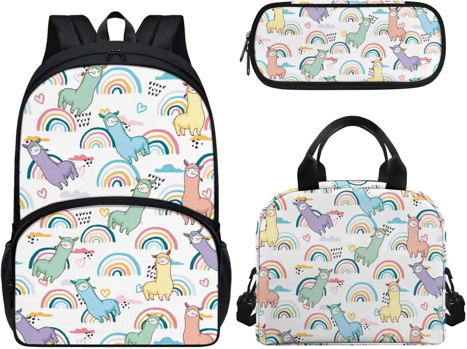 Cartoon Print Kids Backpacks for Girls, Lunch Box Pencil Bag 17-inch, Alpaca Rainbow Bookbags Middle School Backpack Breathable Set of 3