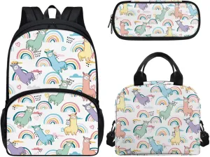 Cartoon Print Kids Backpacks for Girls, Lunch Box Pencil Bag 17-inch, Alpaca Rainbow Bookbags Middle School Backpack Breathable Set of 3
