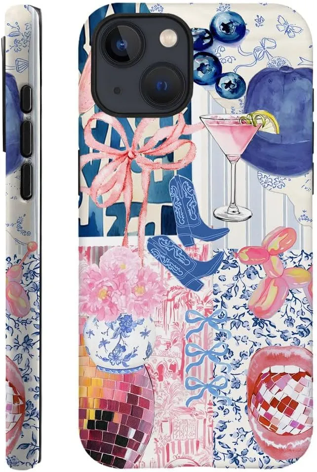 Case Compatible with iPhone 15,Scratch Resistant Hybrid 2-Layer Hard Shell Phone Case,Bow Ribbon Boot Fruit Disco Collage