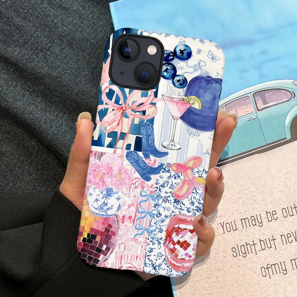 Case Compatible with iPhone 15,Scratch Resistant Hybrid 2-Layer Hard Shell Phone Case,Bow Ribbon Boot Fruit Disco Collage