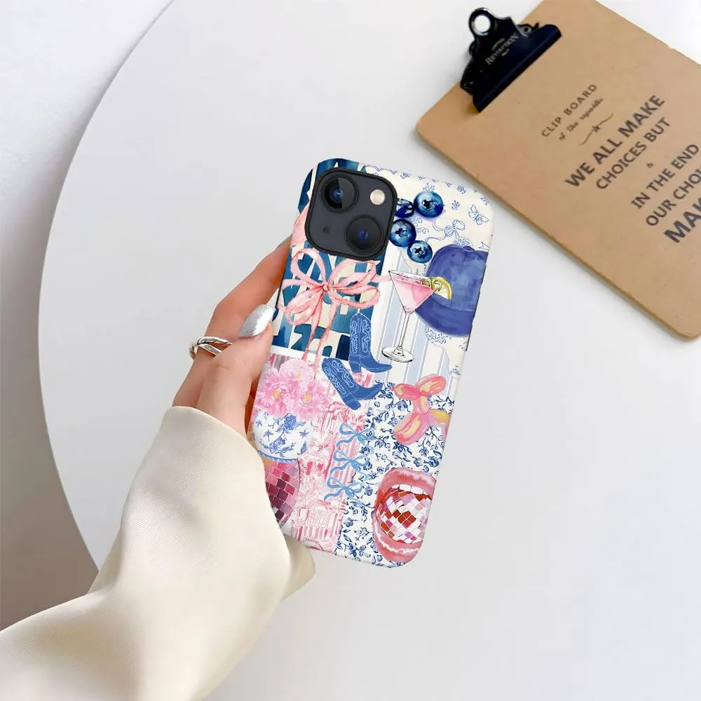 Case Compatible with iPhone 15,Scratch Resistant Hybrid 2-Layer Hard Shell Phone Case,Bow Ribbon Boot Fruit Disco Collage