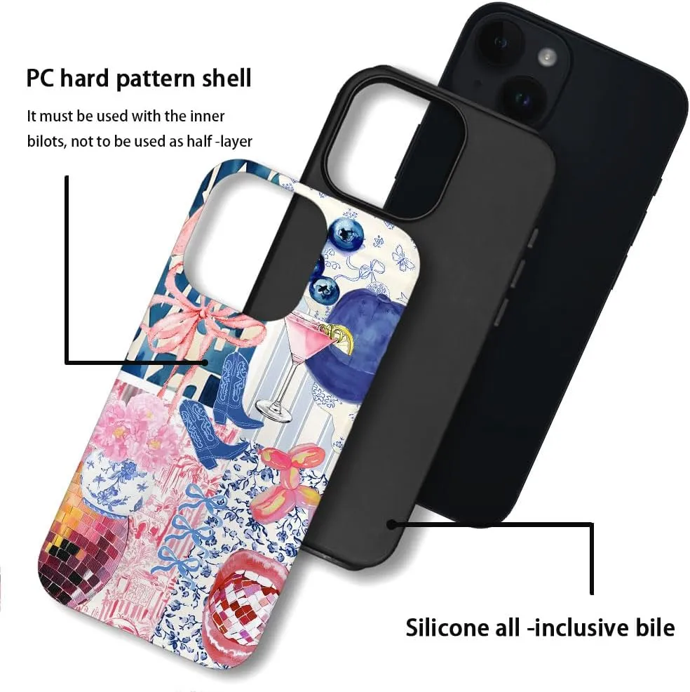 Case Compatible with iPhone 15,Scratch Resistant Hybrid 2-Layer Hard Shell Phone Case,Bow Ribbon Boot Fruit Disco Collage