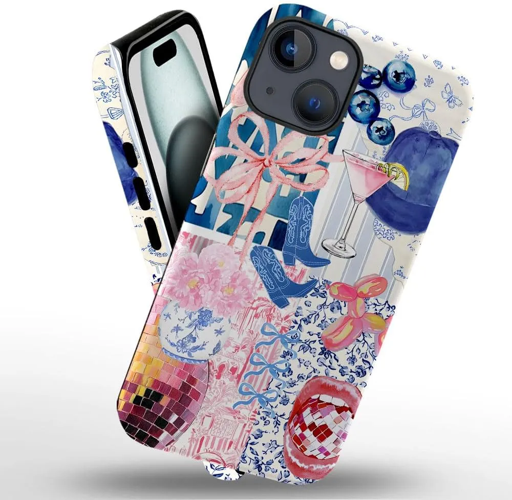 Case Compatible with iPhone 15,Scratch Resistant Hybrid 2-Layer Hard Shell Phone Case,Bow Ribbon Boot Fruit Disco Collage