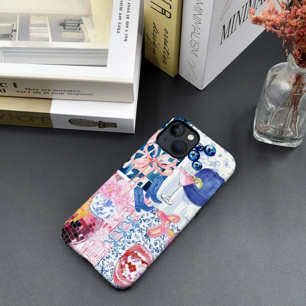 Case Compatible with iPhone 15,Scratch Resistant Hybrid 2-Layer Hard Shell Phone Case,Bow Ribbon Boot Fruit Disco Collage