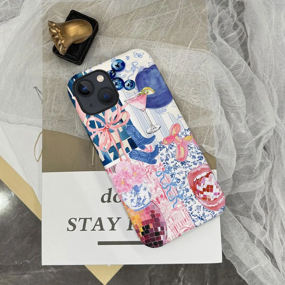 Case Compatible with iPhone 15,Scratch Resistant Hybrid 2-Layer Hard Shell Phone Case,Bow Ribbon Boot Fruit Disco Collage