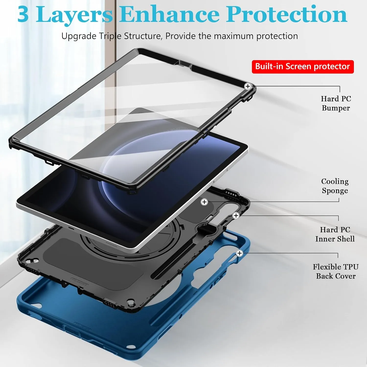 Case for Galaxy Tab S10 FE &S9 FE 10.9"/S9 11 Inch: TPU Cover for Samstng Tablet S10 FE/ 2025/ S9 FE & S9 2023 5G with Screen Protector- Stand- Handle-Shoulder Strap-S-Pen Holder-Blue
