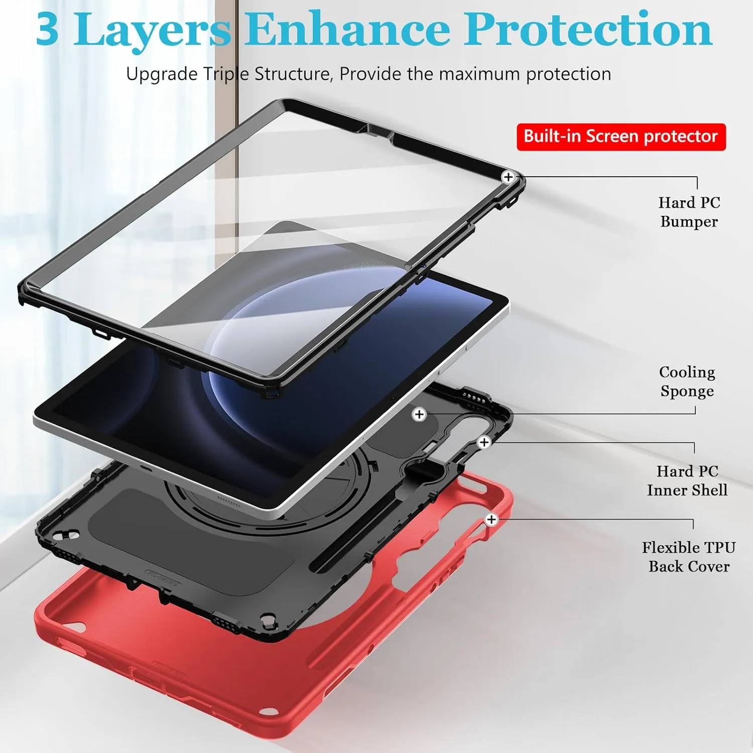 Case for Galaxy Tab S10 FE &S9 FE 10.9"/S9 11 Inch: TPU Cover for Samstng Tablet S10 FE/ 2025/ S9 FE & S9 2023 5G with Screen Protector- Stand- Handle-Shoulder Strap-S-Pen Holder-Red