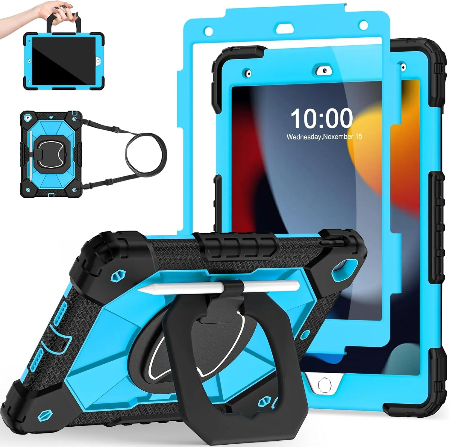 Case for iPad 9th Generation iPad Case 9th 8th 7th Generation iPad 10.2 Inch iPad 9th Gen Cover with Screen Protector Pen Holder TabletCases for Kids 360° Rotating Stand, Black Blue