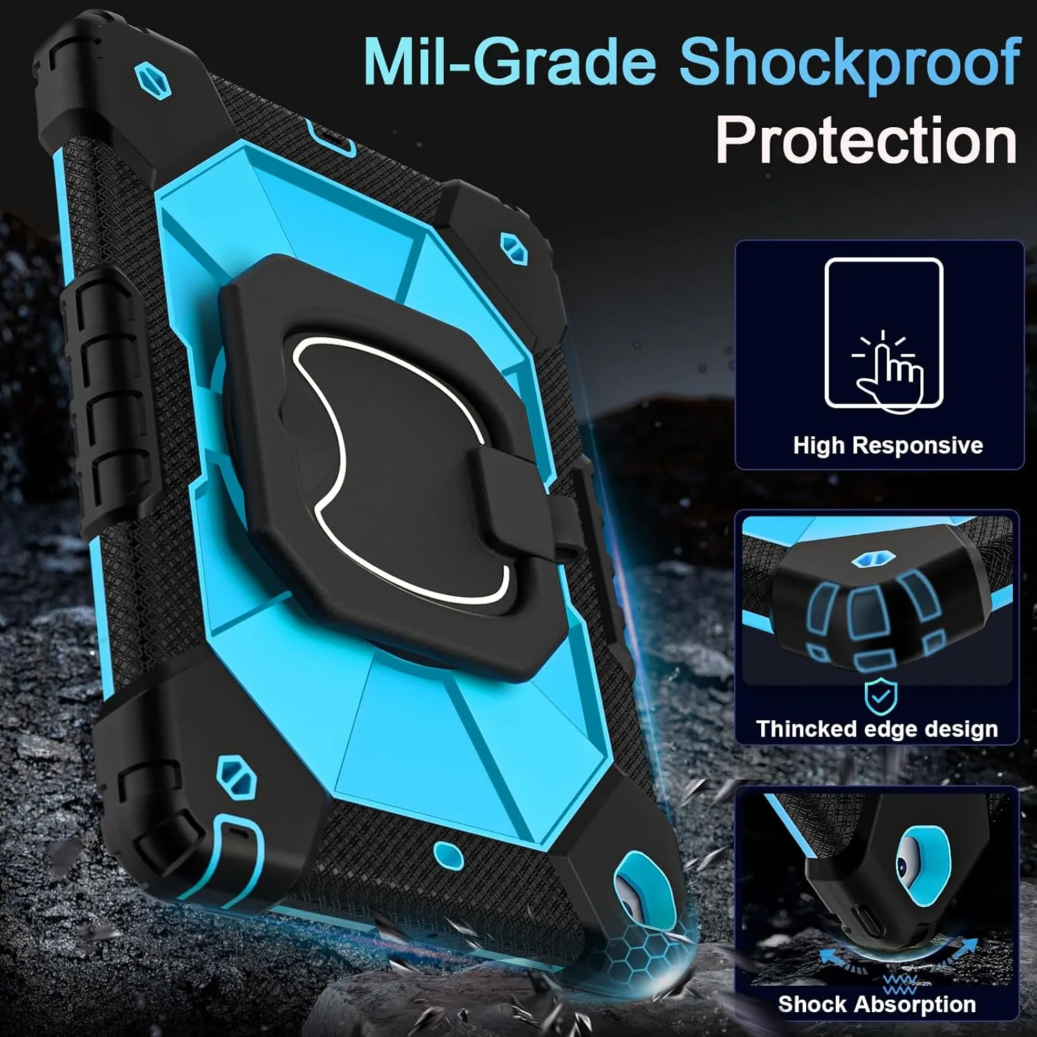 Case for iPad 9th Generation iPad Case 9th 8th 7th Generation iPad 10.2 Inch iPad 9th Gen Cover with Screen Protector Pen Holder TabletCases for Kids 360° Rotating Stand, Black Blue