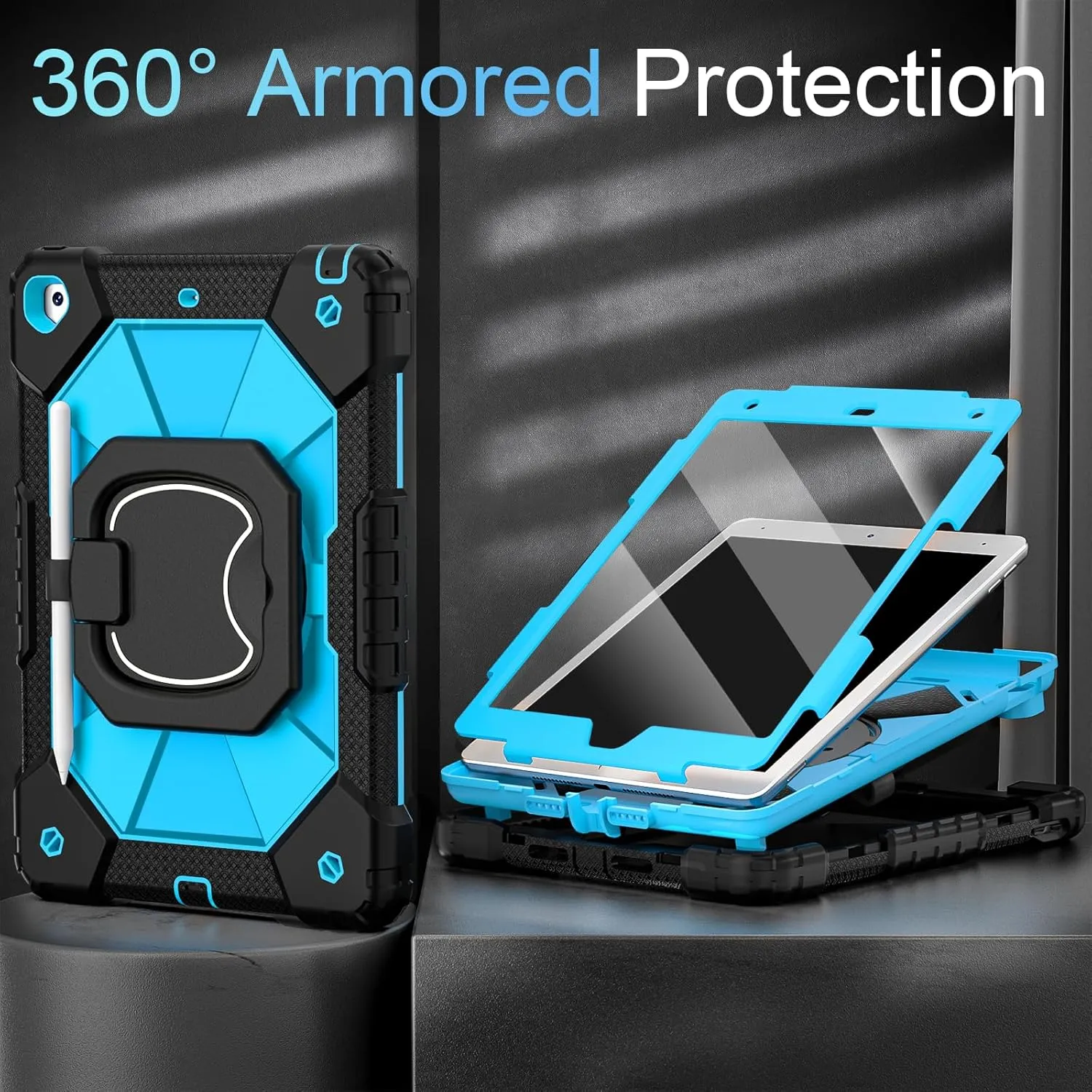 Case for iPad 9th Generation iPad Case 9th 8th 7th Generation iPad 10.2 Inch iPad 9th Gen Cover with Screen Protector Pen Holder TabletCases for Kids 360° Rotating Stand, Black Blue