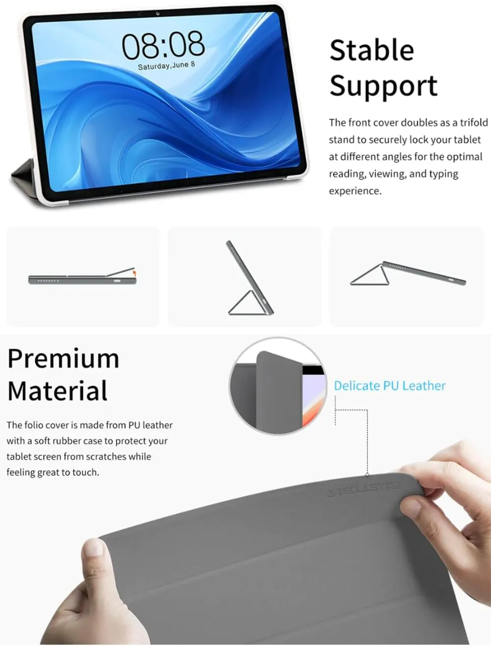 Case for TECLAST T60 Tablet 12 inch Android 14 Tablets, Ultra Slim PU Leather Folding Protective Cover Case with Auto Wake/Sleep Trifold Stand Soft TPU Back Shell for TECLAST T60, Gray